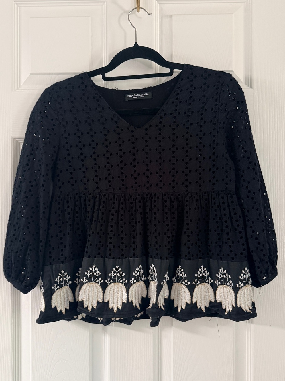 Dolce & Gabbana Black Eyelet Embroidered Peplum Blouse Made in Italy